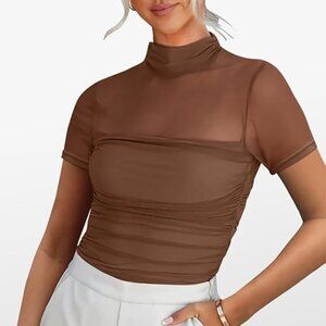 Brown Mesh Mock Neck Short Sleeve Top